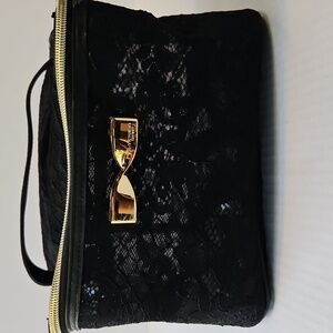 Victoria's Secret Black Lace Cosmetic Vanity Bag/Case w Gold Bow & Zipper Detail